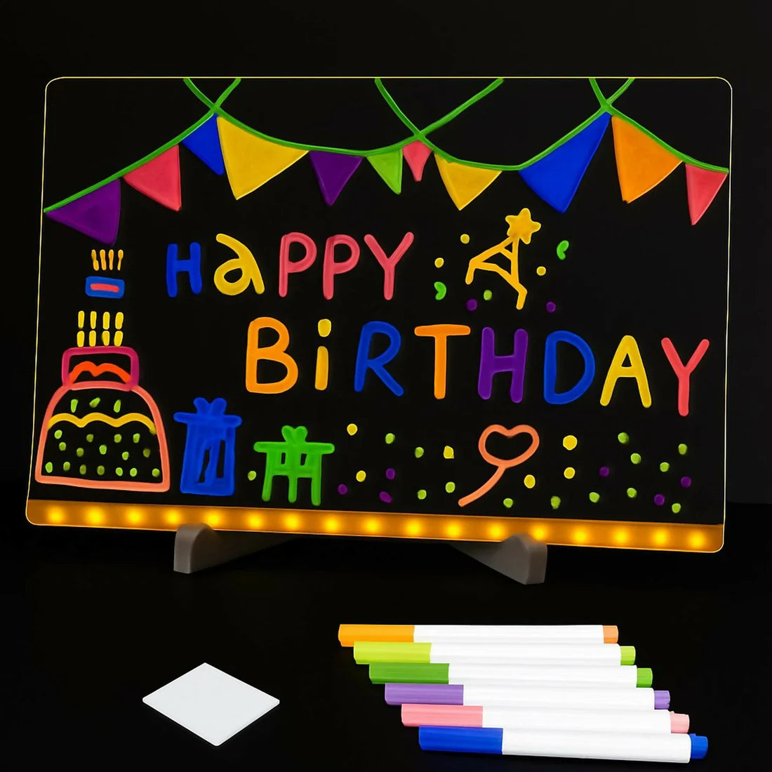 LED Message Writing Board 6x6 Inch with 7-Color Neon Markers