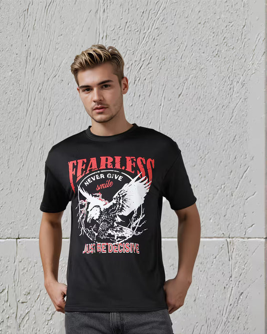 Relaxed Fit Drop Shoulder Typographic Front Print Crew T-Shirt - Black