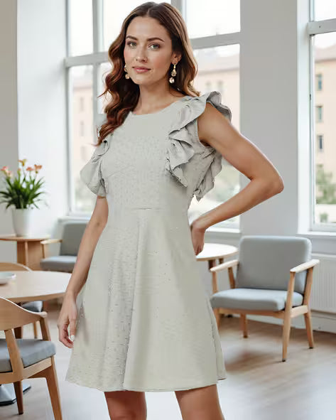 Back Bow Ruffle Sleeves Flared Hem Mini Skater Dress – Grey