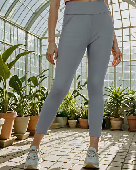 Grey Ankle Length Sports Leggings with Back Cut-Out Hem