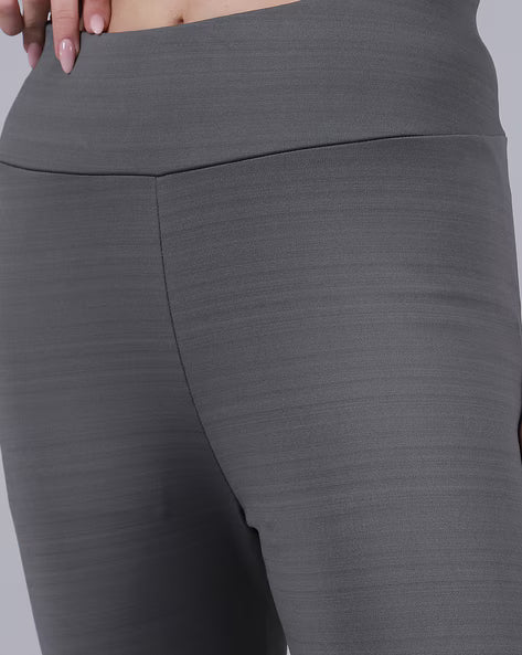 Grey Ankle Length Sports Leggings with Back Cut-Out Hem