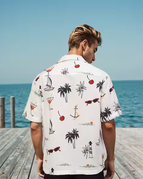 Cuban Collar Drop Shoulder Graphic Print Relaxed Fit Shirt
