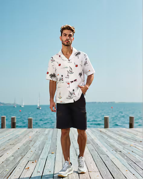 Cuban Collar Drop Shoulder Graphic Print Relaxed Fit Shirt