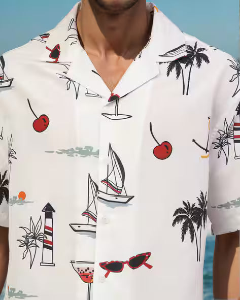 Cuban Collar Drop Shoulder Graphic Print Relaxed Fit Shirt