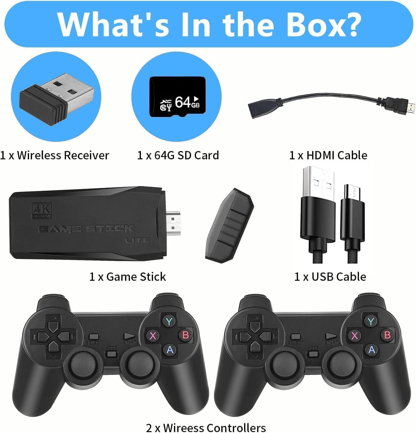 Wireless Controller Gamepad with 15,000+ Games, 4K Ultra HD TV Output & 64GB Memory – Dual Player Gaming Console Set