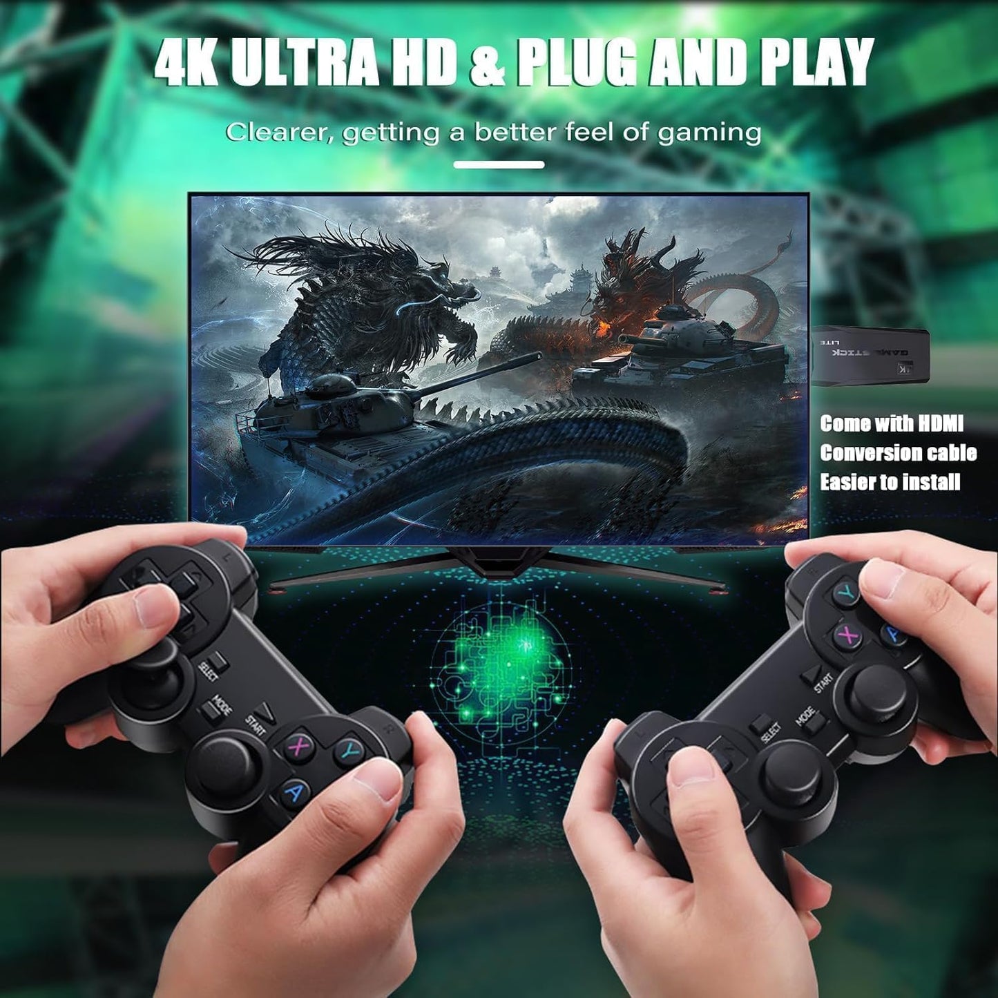 Wireless Controller Gamepad with 15,000+ Games, 4K Ultra HD TV Output & 64GB Memory – Dual Player Gaming Console Set