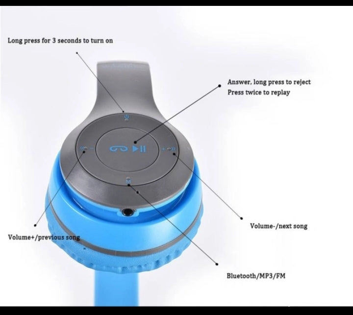 P47 Wireless Bluetooth Headphone, Blue with Mic & FM+SD Card Support with 6 Hour Battery Backup