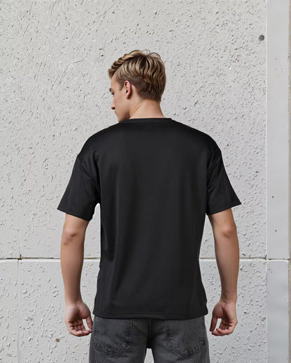 Relaxed Fit Drop Shoulder Typographic Front Print Crew T-Shirt - Black