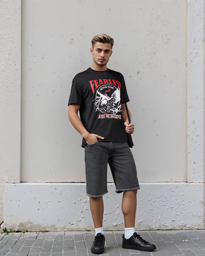 Relaxed Fit Drop Shoulder Typographic Front Print Crew T-Shirt - Black