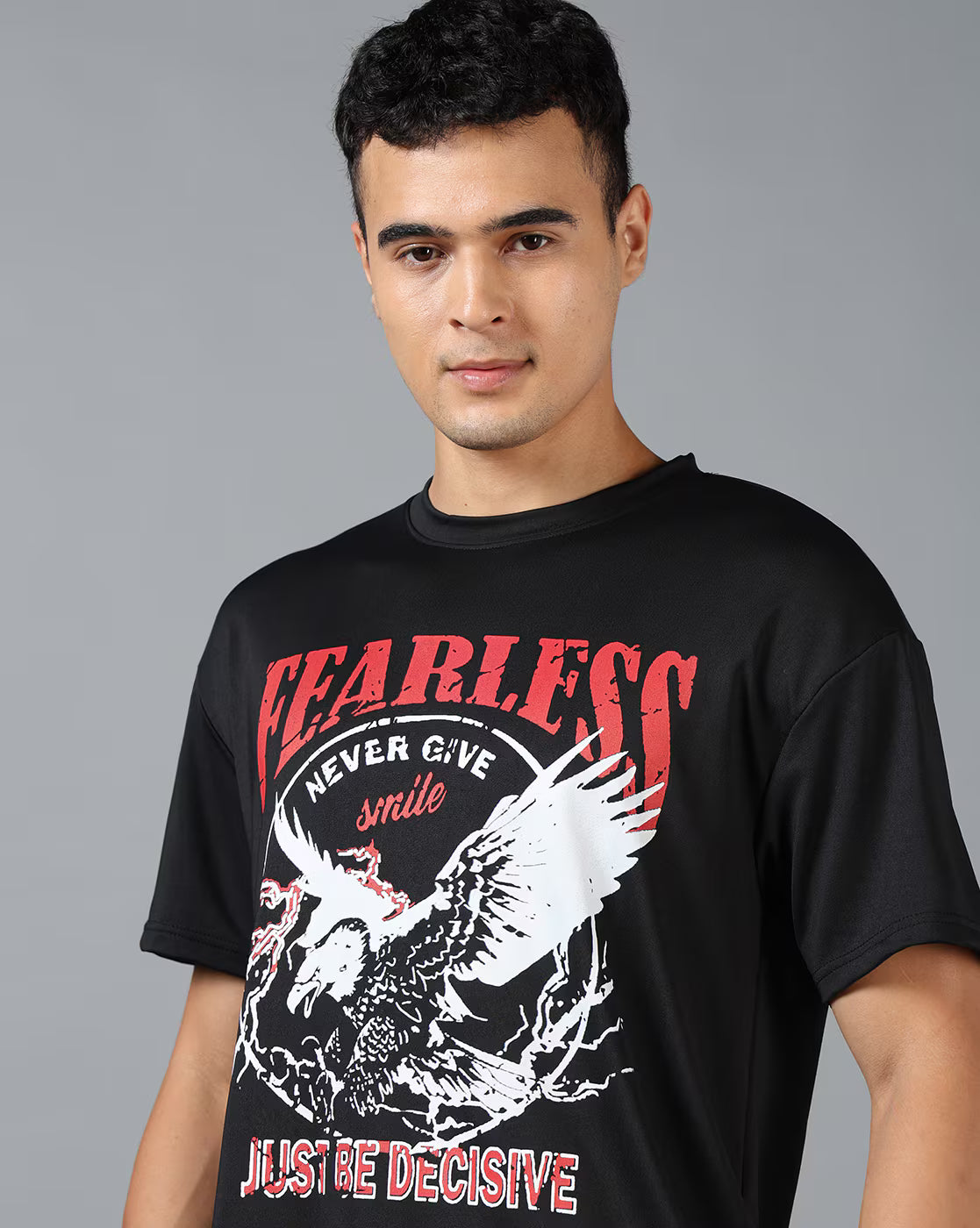 Relaxed Fit Drop Shoulder Typographic Front Print Crew T-Shirt - Black