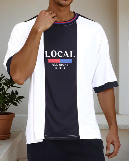 Drop Shoulder Colour-Block Typographic Print Crew T-Shirt - Black