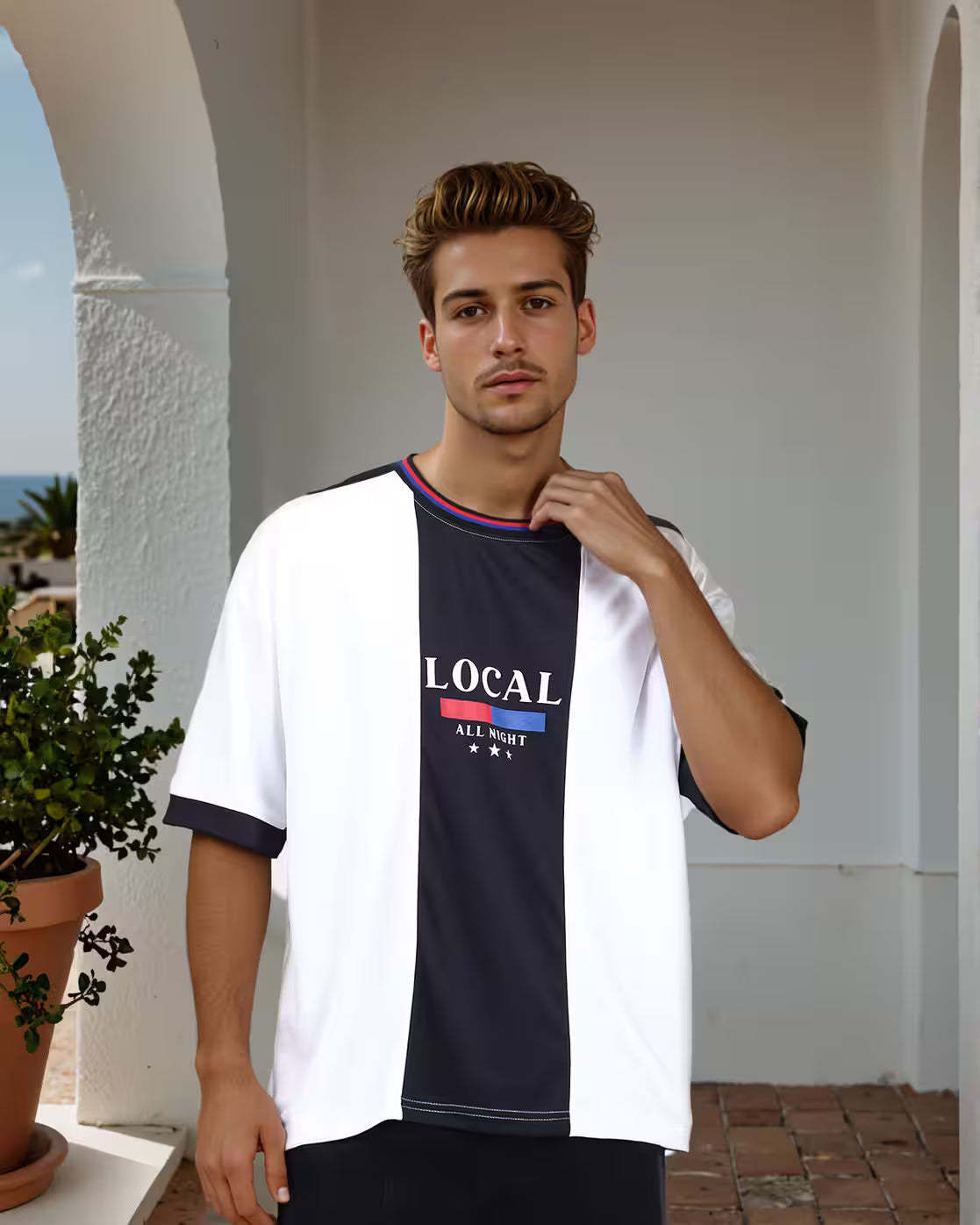 Drop Shoulder Colour-Block Typographic Print Crew T-Shirt - Black