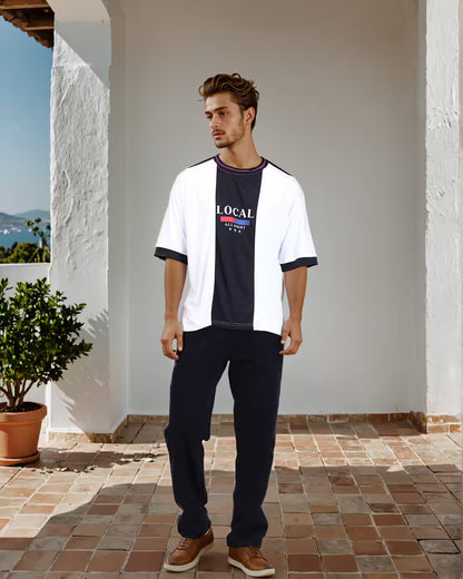 Drop Shoulder Colour-Block Typographic Print Crew T-Shirt - Black