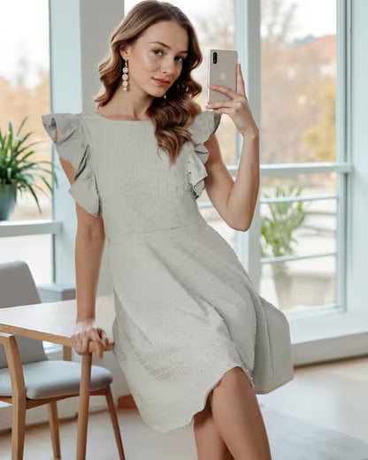 Back Bow Ruffle Sleeves Flared Hem Mini Skater Dress – Grey