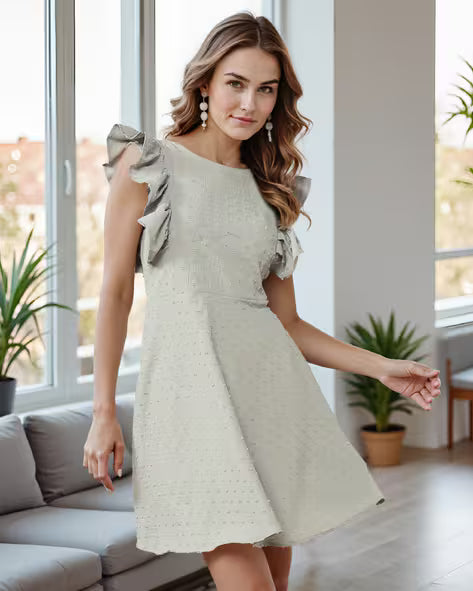 Back Bow Ruffle Sleeves Flared Hem Mini Skater Dress – Grey