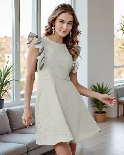 Back Bow Ruffle Sleeves Flared Hem Mini Skater Dress – Grey