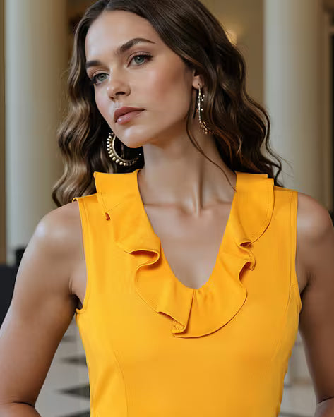 Mini Length Ruffled Neck Sleeveless Bodycon Dress – Yellow