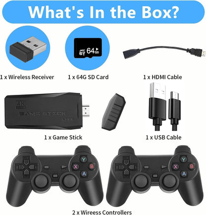 Wireless Controller Gamepad with 15,000+ Games, 4K Ultra HD TV Output & 64GB Memory – Dual Player Gaming Console Set