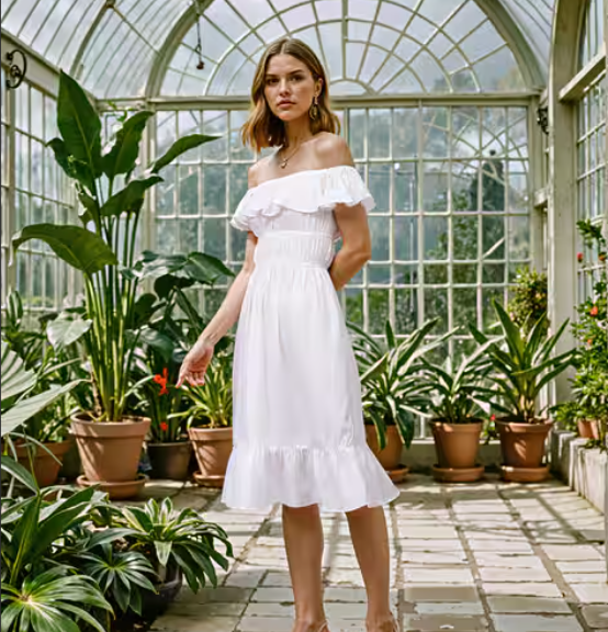 Cute Off Shoulder Cinched Waist Ruffled A-Line Dress
