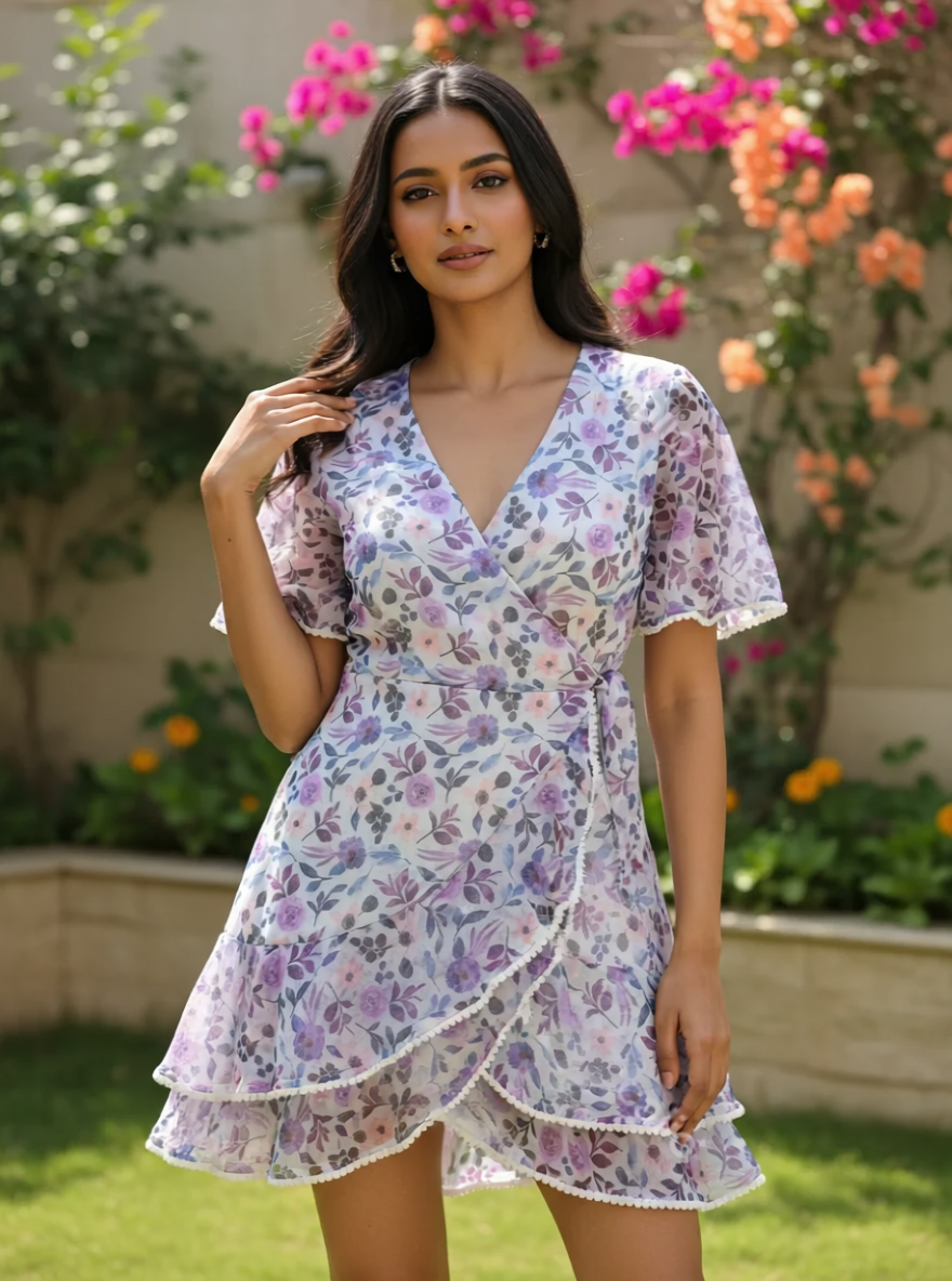 Lilac Floral Flutter Sleeve Wrap Mini Dress