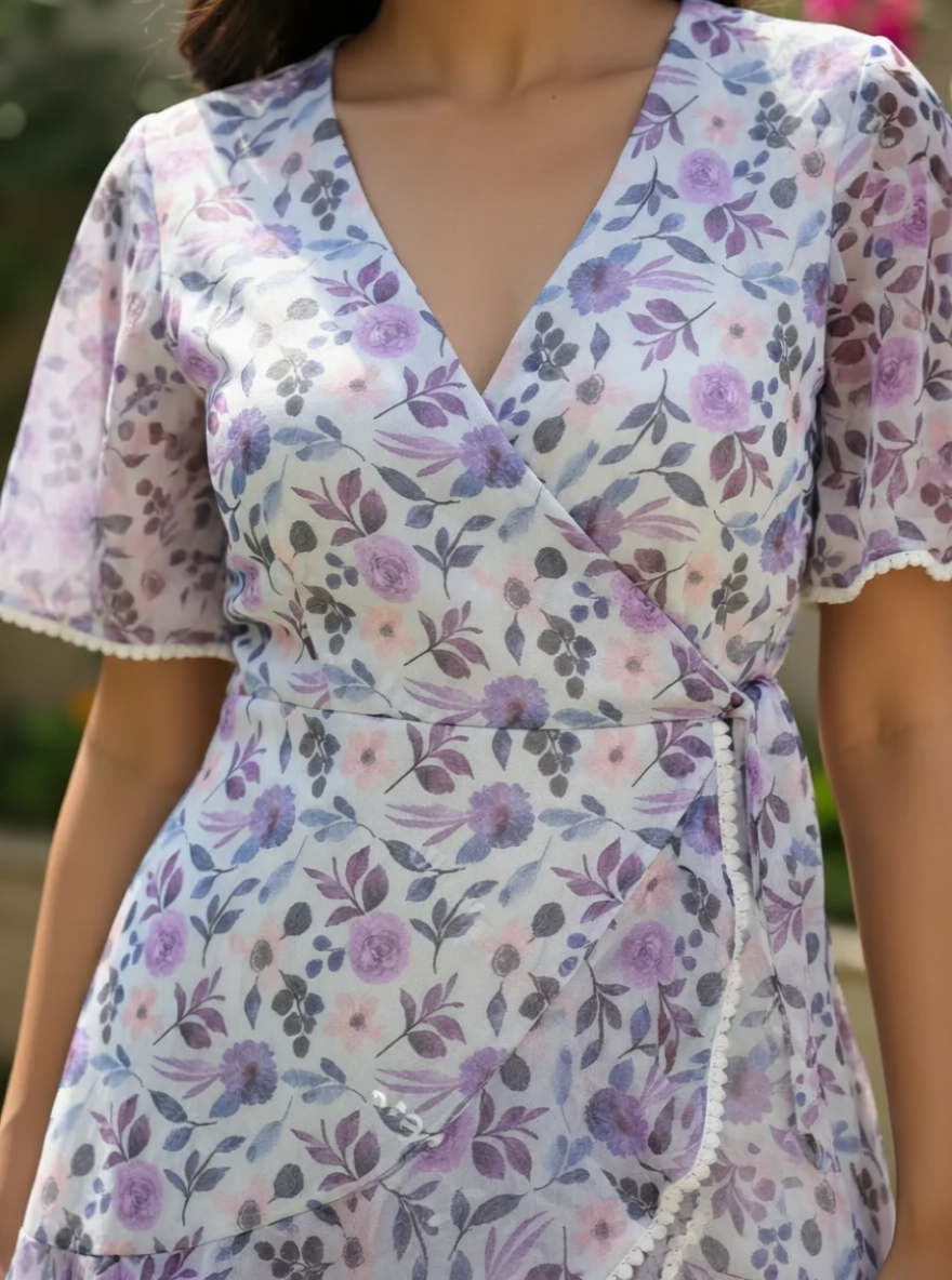 Lilac Floral Flutter Sleeve Wrap Mini Dress
