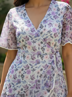 Lilac Floral Flutter Sleeve Wrap Mini Dress